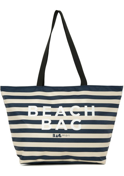Lacivert Çizgili Beach Bag Baskılı Plaj Çantası