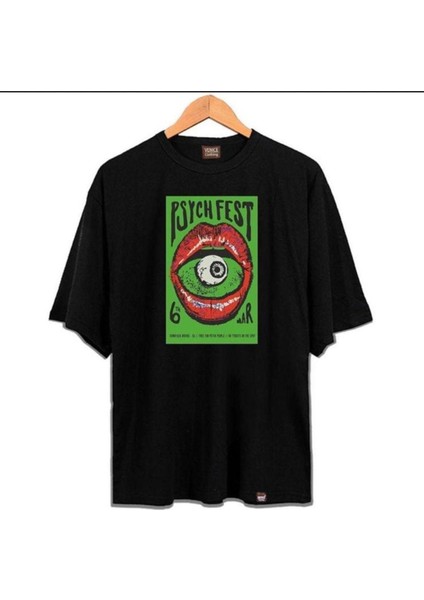 Blacksokak Erkek Siyah Psych Fest Oversize Bisiklet Yaka Tshirt