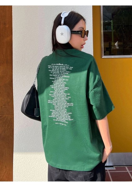 Blacksokak Kadın Yeşil Çok Yazılı Baskılı Oversize Bisiklet Yaka Tişört