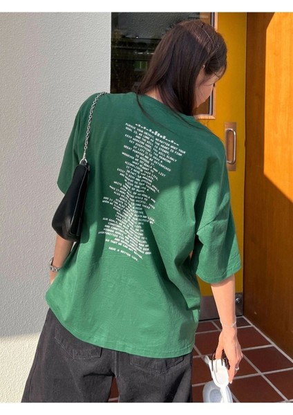 Blacksokak Kadın Yeşil Çok Yazılı Baskılı Oversize Bisiklet Yaka Tişört modelleri