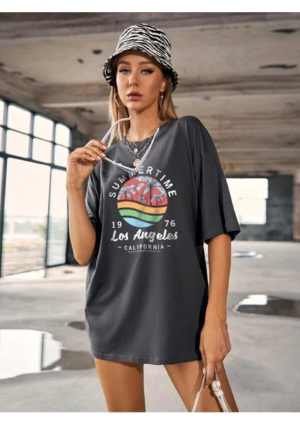 Kadın Antrasit Summertime Los Angeles Baskılı Oversize Tshirt