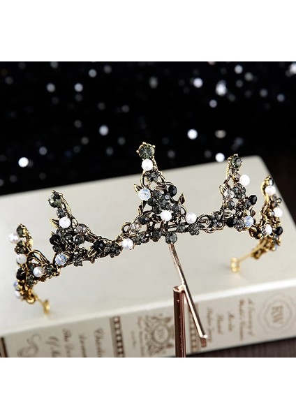 Stil M Siyah Barok Retro Siyah Lüks Gelin Kristal Tiaras Taçlar Prenses Kraliçe Pageant Balo Taklidi Peçe Tiara Düğün Saç Aksesuarı (Yurt Dışından)
