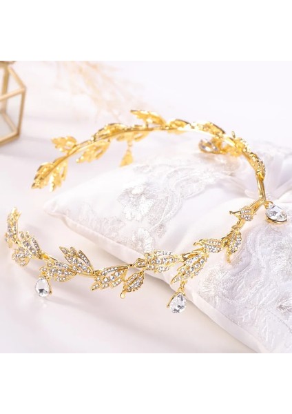 Kk Altın Vintage Kristal Gelin Saç Aksesuarı Düğün Rhinestone Waterdrop Yaprak Tiara Taç Kafa Bandı Frontlet Nedime Saç Takı (Yurt Dışından)