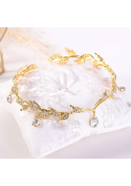 Kk Altın Vintage Kristal Gelin Saç Aksesuarı Düğün Rhinestone Waterdrop Yaprak Tiara Taç Kafa Bandı Frontlet Nedime Saç Takı (Yurt Dışından)