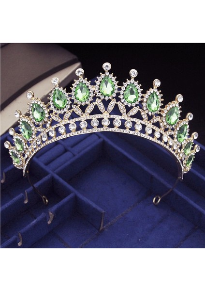 Altın Açık Yeşil Muhteşem Pembe Kristal Saç Bantları Kraliçe Tiaras ve Taçlar Gelin Saç Bandı Kızlar Balo Parti Düğün Saç Takı Aksesuarları (Yurt Dışından)