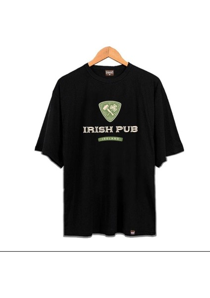 Blacksokak Erkek Siyah Irısh Pub Baskılı Oversize Bisiklet Yaka Tshirt