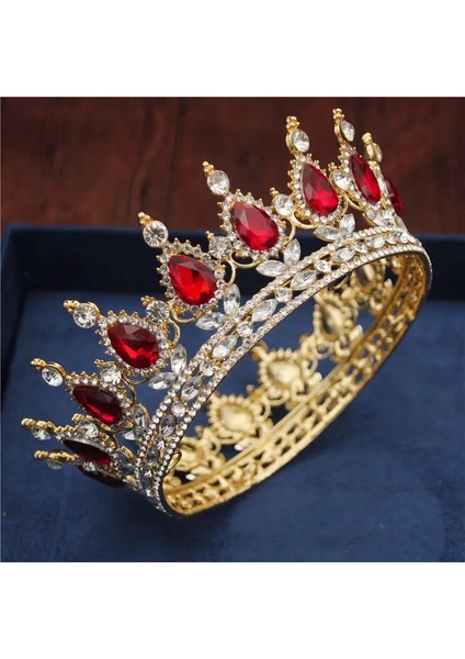 Altın Kırmızı Kristal Vintage Kraliyet Kraliçe Kral Tiaras ve Taçlar Menwomen Pageant Balo Diadem Saç Süsler Düğün Saç Takı Aksesuarları (Yurt Dışından)
