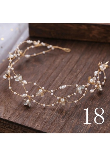 No.18 Beden Vintage Gelin El Yapımı Altın Inci Kafa Çiçek Başlığı Gelin Kız Tiara Düğün Saç Aksesuarları Kadın Saç Takı (Yurt Dışından)