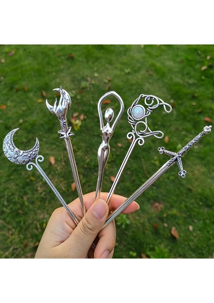 Resim Olarak Cadı Celtics Hilal Pentagram Lotus Saç Çubukları Sihirli Gizemli Firkete Wiccan Pagan Gotik Saç Takı Hediye Için (Yurt Dışından)