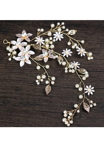 Hiçbiri Altın Çiçek Inci Kafa Tiara Taç Düğün Gelin Prenses Saç Bantları Saç Takı Kristal Inci Aksesuarları Gelin Headdress (Yurt Dışından)