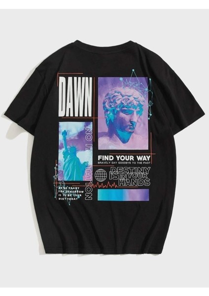 Blacksokak Erkek Siyah Dawn Baskılı Oversize Bisiklet Yaka Tshirt