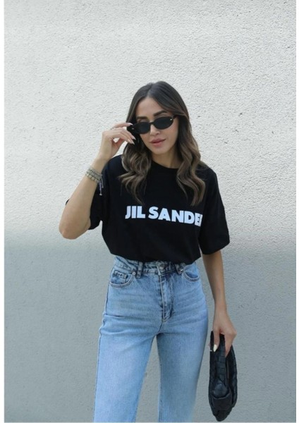 Blacksokak Kadın Siyah Jıl Sander Baskılı Oversize Bisiket Yaka Tişört modelleri