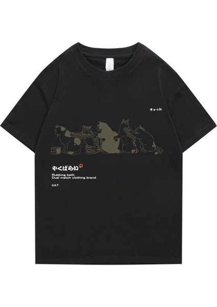 Blacksokak Erkek Siyahı Kedi Baskılı Oversize Bisiklet Yaka Tshirt