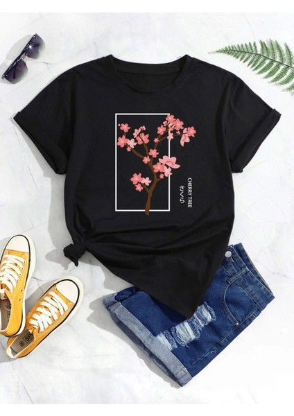 Kadın Siyah Cherry Baskılı Bisiklet Yaka Tshirt