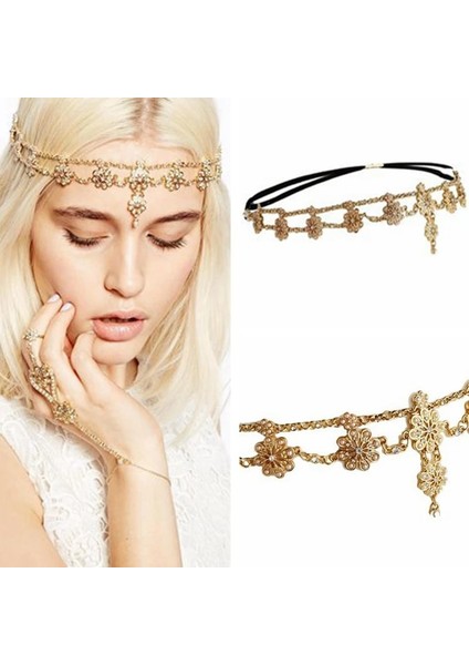 Çiçek Püskül Kafa Takı Kadın Moda Zarif Rhinestone Elastik Kafa Zinciri Tiaras Gelin Düğün Kafa Takı (Yurt Dışından)
