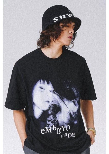 Blacksokak Erkek Siyah Empryo Baskılı Oversize Bisiklet Yaka Tshirt