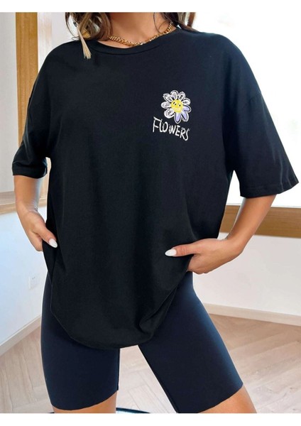 Blacksokak Kadın Siyah Flowers Baskılı Bisiklet Yaka Tshirt fiyatları