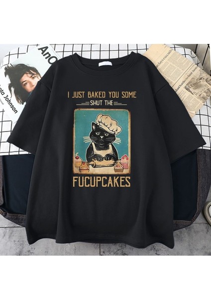 Blacksokak Kadın Siyah Fucupcakes Baskılı Oversize Bisiklet Yaka Tshirt