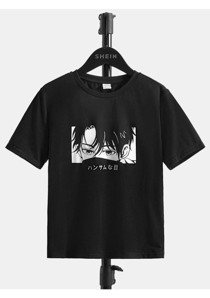 Blacksokak Erkek Çocuk Siyah Japon Figür Baskılı Oversize Bisiklet Yaka Tshirt