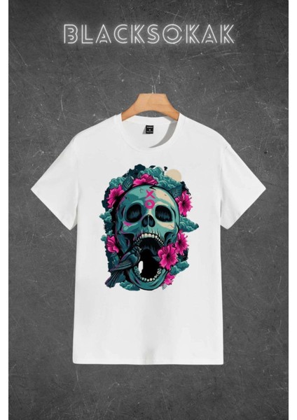 Erkek Beyaz Çiçekli Kurukafa Baskılı Oversize Bisiklet Yaka Tshirt