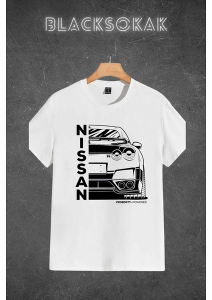 Erkek Beyaz Nıssan Baskılı Oversize Bisiklet Yaka Tshirt