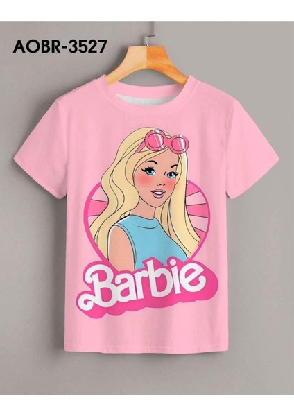 Kadın Pembe Barbie Bebek Baskılı Oversize Bisiklet Yaka Tişört
