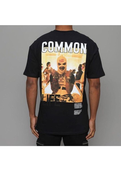 Blacksokak Erkek Siyah Common Baskılı Oversize Bisiklet Yaka Tshirt