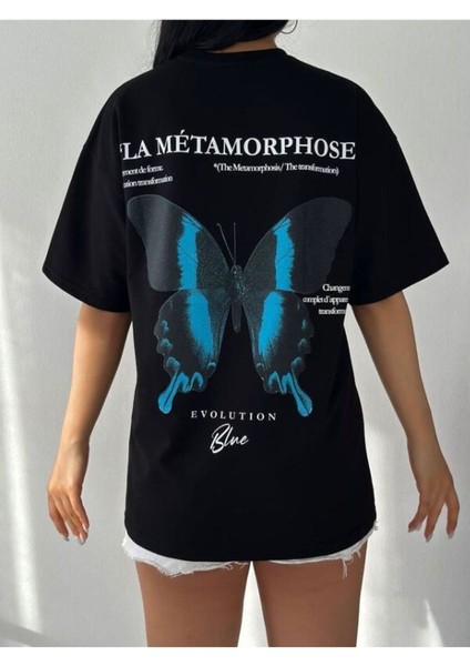 Kadın Siyah Kelebek Oversize Bisiklet Yaka Tshirt