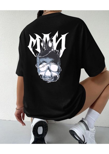 Blacksokak Kadın Kurukafa Baskılı Bisiklet Yaka Tshirt