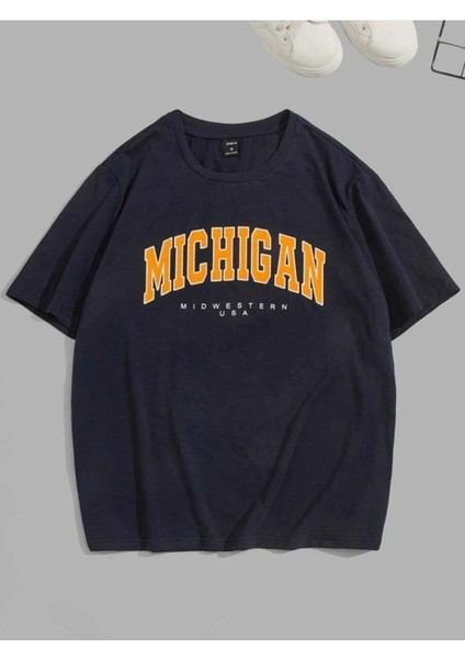 Blacksokak Erkek Siyah Mıchıgan Baskılı Oversize Bisiklet Yaka Tshirt