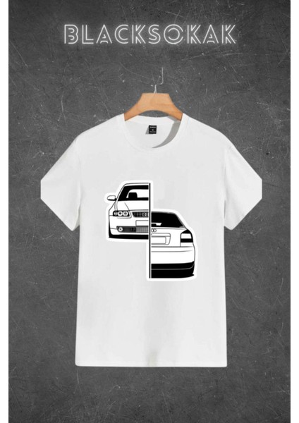 Erkek Beyaz Araba Baskılı Oversize Bisiklet Yaka Tshirt