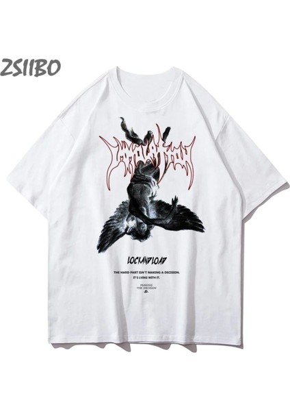 Blacksokak Erkek Beyaz Melek Baskılı Oversize Bisiklet Yaka Tshirt