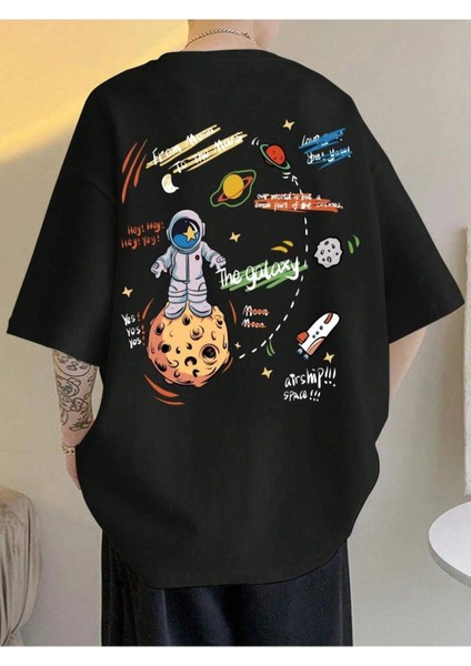 Blacksokak Unisex Siyah The Galaxy Gezegen Baskılı Oversize Bisiklet Yaka Tshirt