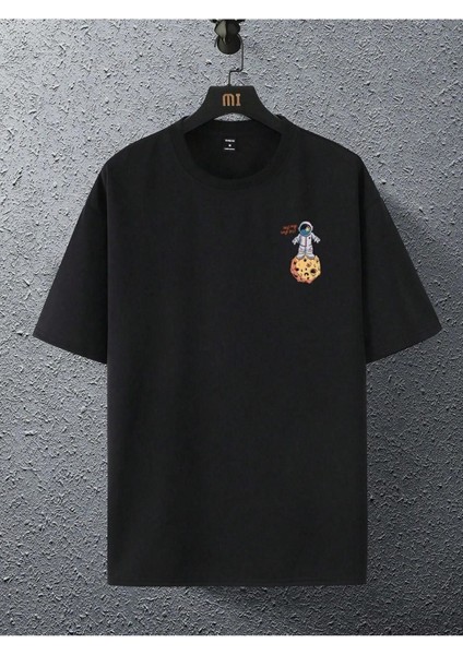 Blacksokak Unisex Siyah The Galaxy Gezegen Baskılı Oversize Bisiklet Yaka Tshirt fiyatları