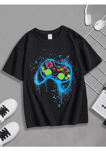 Blacksokak Erkek Çocuk Siyah Gamepad Baskılı Oversize Bisiklet Yaka Tshirt