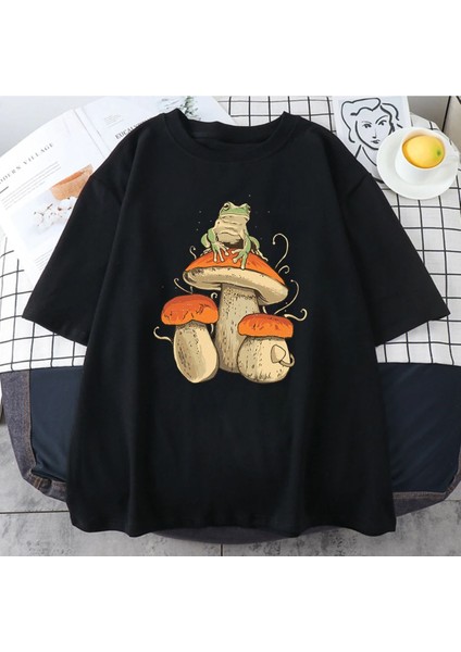 Blacksokak Erkek Siyah Mantar Baskılı Oversize Bisiklet Yaka Tshirt