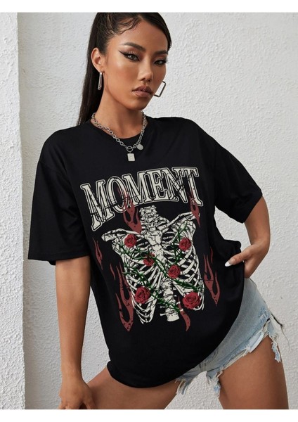 Blacksokak Kadın Siyah Moment Baskılı Oversize Bisiklet Yaka Tshirt
