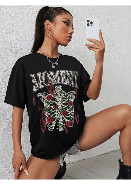 Blacksokak Kadın Siyah Moment Baskılı Oversize Bisiklet Yaka Tshirt modelleri