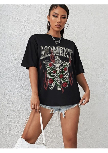 Blacksokak Kadın Siyah Moment Baskılı Oversize Bisiklet Yaka Tshirt fırsatları