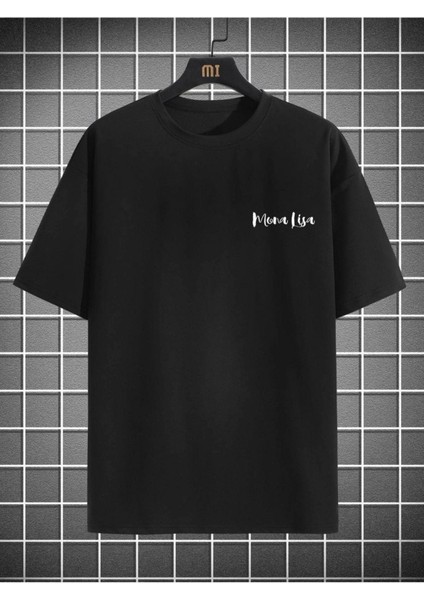 Erkek Siyah Mona Lisa Baskılı Bisiklet Yaka Tshirt