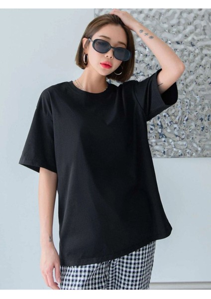Blacksokak Kadın Siyah Oversize Bisiklet Yaka Tshirt
