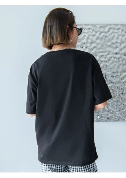 Blacksokak Kadın Siyah Oversize Bisiklet Yaka Tshirt