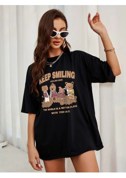 Blacksokak Kadın Siyah Keep Smılıng Oversize Bisiklet Yaka Tshirt