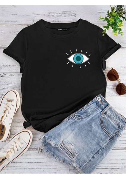 Blacksokak Kadın Siyah Göz Baskılı Oversize Bisiklet Yaka Tshirt