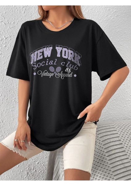 Blacksokak Kadın Siyah New York Baskılı Oversize Bisiklet Yaka Tshirt