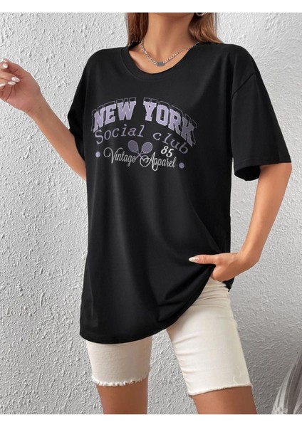 Blacksokak Kadın Siyah New York Baskılı Oversize Bisiklet Yaka Tshirt modelleri