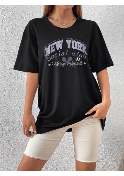 Blacksokak Kadın Siyah New York Baskılı Oversize Bisiklet Yaka Tshirt fırsatları