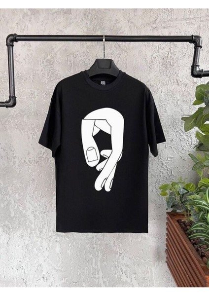 Erkek Siyah Uzunparmak Baskılı Bisiklet Yaka Tshirt