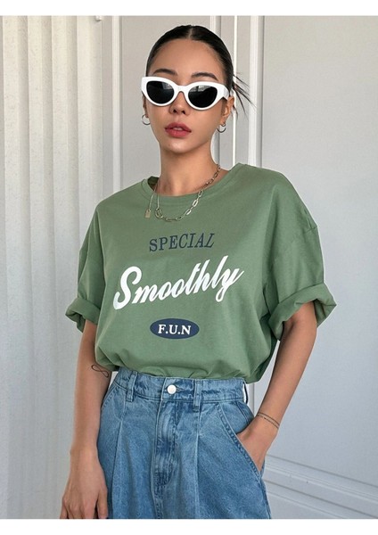 Blacksokak Kadın Yeşil Smoothly Baskılı Oversize Bisiklet Yaka Tshirt