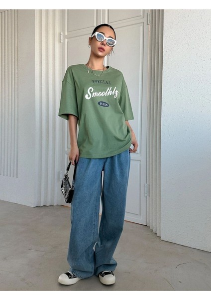 Blacksokak Kadın Yeşil Smoothly Baskılı Oversize Bisiklet Yaka Tshirt modelleri